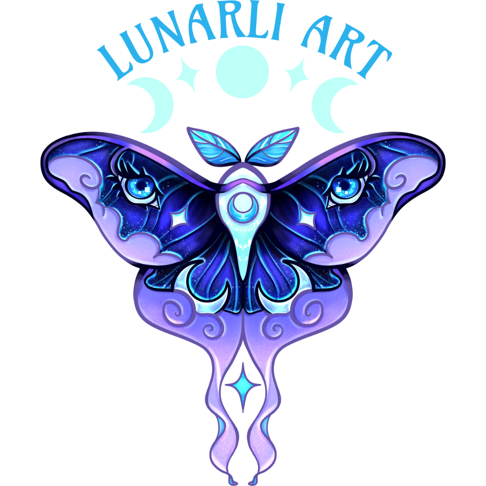 A luna moth with moon phases and swirling lines on its wings, and a tablet pen for a body, inside lunar phase circle. Each moon phase has a star between them. The image is a medium blue-purple.