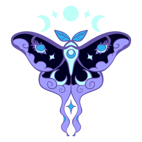 A luna moth with moon phases and swirling lines on its wings, and a tablet pen for a body, inside lunar phase circle. Each moon phase has a star between them. The image is a medium blue-purple.